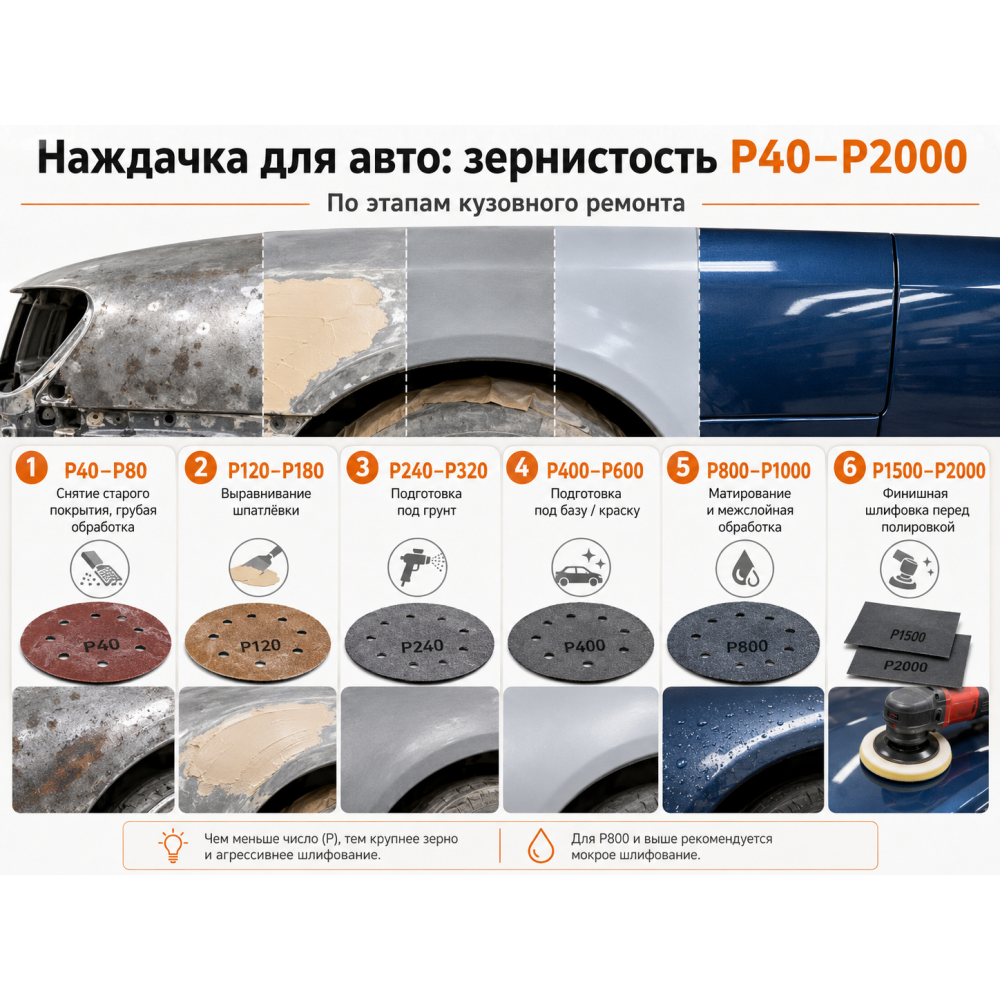 Наждачка для авто: зернистость P40-P2000 по этапам кузовного ремонта